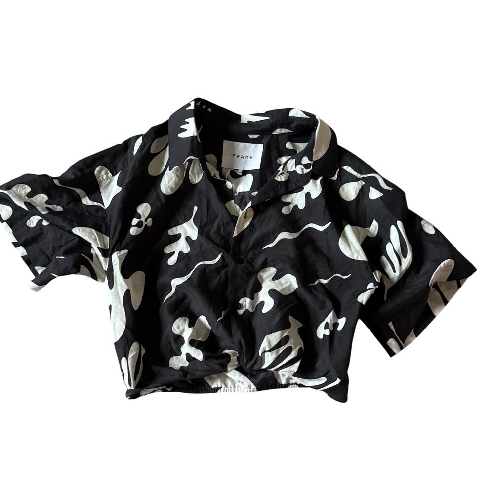 $348 Women's Frame Black & White Silk Cropped Twist Front Collared Shirt Medium - Picture 2 of 8